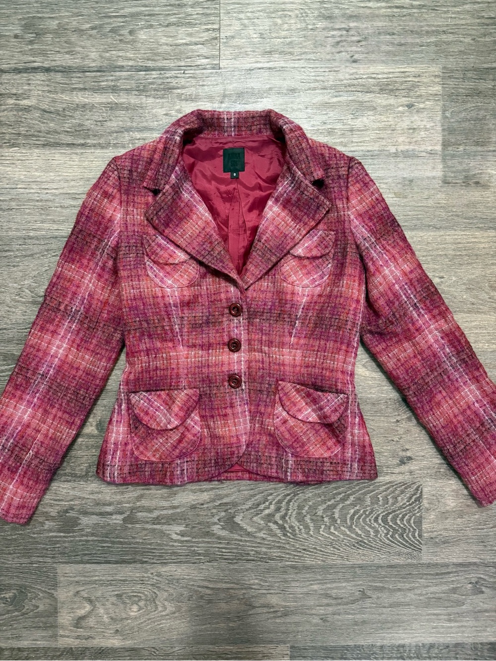 Anna Sui Pink Plaid Wool Blend Blazer Jacket